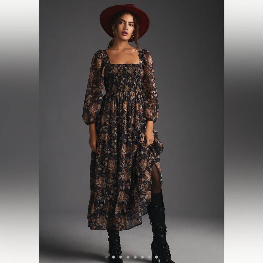 Anthropologie Let Me Be Square-Neck Smocked Maxi Dress